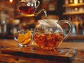 Close up of male barista pouting boiling water into glass cups Royalty Free Stock Photo