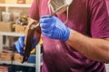 Carpenter paints a wooden