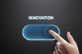 Close up of male finger turning on slider button on background. Innovation and success concept