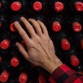 Close-up Male hand bottled wine wine. several bottles of wine in row in cellars of winery or restaurant. Royalty Free Stock Photo