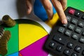 Close-up, male hand counts numbers on a calculator by clicking with one finger on the office desk