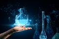 Close up of male hand holding glowing blue scientific low poly network and flasks on blurry background. Genetic research. Genetic