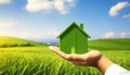 Hand Holding a Green Eco Small Wooden Model House on Green Field - Generative Ai Royalty Free Stock Photo