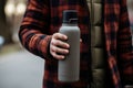 Close-up of male hand holding reusable steel grey thermos water bottle on background of blurry road