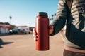 Close-up of male hand holding reusable steel red thermos water bottle on background of blurry road