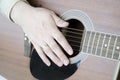 Close-up of a male hand lying on the strings of a guitar Royalty Free Stock Photo