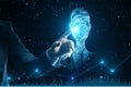 Close up of male hand pointing at abstract digital fingerprint man or person silhouette on blurry blue background. Identity, Royalty Free Stock Photo