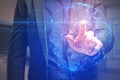 Close up of male hand pointing at abstract glowing polygonal sphere on blurry office interior background. Technology and cyber