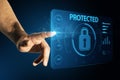 Close up of male hand pointing at creative protected digital padlock on background. Netwrok, antivirus and safety concept