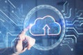 Close up of male hand pointing at digital round circuit cloud computing hologram on blurry background. Server and web concept. Royalty Free Stock Photo