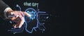 Close up of male hand pointing at glowing head outline with ai circuit and other icons on wide black background with mock up place