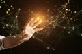 Close up of male hand pushing and using glowing polygonal mesh interface on background. Technology and network concept Royalty Free Stock Photo