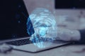 Close up of male hand using laptop with abstract glowing finger print id hologram on blurry office background. Fingerprint, Royalty Free Stock Photo