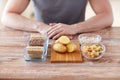 Close up of male hands with carbohydrate food Royalty Free Stock Photo