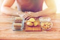 Close up of male hands with carbohydrate food Royalty Free Stock Photo