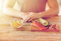 Close up of male hands with food rich in protein Royalty Free Stock Photo