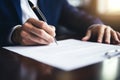 Close up male hands in formal business suit in office at table Caucasian European American businessman man entrepreneur Royalty Free Stock Photo