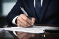 Close up male hands in formal business suit in office at table Caucasian European American businessman man entrepreneur Royalty Free Stock Photo