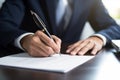 Close up male hands in formal business suit in office at table Caucasian European American businessman man entrepreneur Royalty Free Stock Photo