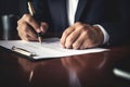 Close up male hands in formal business suit in office at table Caucasian European American businessman man entrepreneur Royalty Free Stock Photo