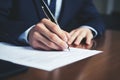 Close up male hands in formal business suit in office at table Caucasian European American businessman man entrepreneur Royalty Free Stock Photo