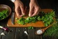 Close-up of male hands preparing salad with fresh vegetables and parsley. Cooking vegetarian food at home on the kitchen table Royalty Free Stock Photo