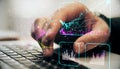 Close up of male hands using keyboard with creative glowing business chart and ai binary code nodes on blurry background. Virtual