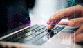 Close up of male hands using laptop keyboard with creative glowing business chart and ai binary code nodes on blurry background.