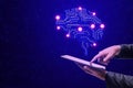 Close up of male hands using mobile phone with creative circuit brain with dots on dark background with mock up place. Artificial Royalty Free Stock Photo