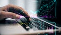 Close up of male hands using notebook keyboard with creative glowing business chart and ai binary code nodes on blurry background