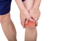 Close up male knee pain isolated white background.