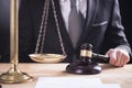 Close up of Male lawyer or judge hand`s striking the gavel on so Royalty Free Stock Photo