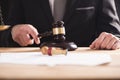 Close up of Male lawyer or judge hand`s striking the gavel on so Royalty Free Stock Photo