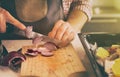 Man cutting red onion Royalty Free Stock Photo