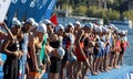 Close-up, male swimming competitors waiting for the start signal