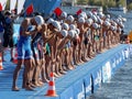 Close-up, male swimming competitors waiting for the start signal