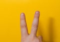 Close up Male two fingers with bitten, gwaned, chewed or ugly nails, a Bit bad nail and isolated on a yellow background