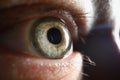 Males single eye looking away, pupil and retina in extreme macro shot