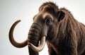 A close-up of a mammoth with large tusks and thick brown fur facing the camera Royalty Free Stock Photo