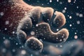 close-up of a mammoth's paw with snowflakes falling around it