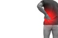 Close up a man back pain, kidney inflammation, ache in man`s body, painful area highlighted in red, on white background,Medical Royalty Free Stock Photo