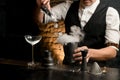 Close-up man at bar expressively pours pieces of ice into steel shaker with smoke. Royalty Free Stock Photo