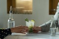 Close-up man bartender serves the client a mojito cocktail Royalty Free Stock Photo