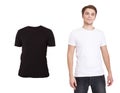 Close up of man in black and white t-shirt isolated on white. Mock up. Blank Shirt set. Royalty Free Stock Photo