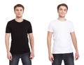 Close up of man in blank black and white t-shirt isolated on white. Mock up Royalty Free Stock Photo