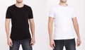 Close up of blank black and white t-shirt isolated on white. Mock up. t shirt copy space, shirt set Royalty Free Stock Photo