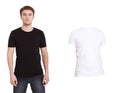 Close up of man in blank black and white t-shirt isolated on white. Mock up and copy space. Male shirt template Royalty Free Stock Photo