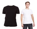 Close up of man in blank black and white t-shirt isolated on white. Mock up and copy space. Front and Back view Shirt. Royalty Free Stock Photo