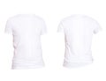 Close up of two white t-shirt isolated on white background. Mock up and copy space. Blank template shirt set.Front back view Royalty Free Stock Photo