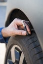 Close-Up Of Man Checking Tread On Car Tyre With Gauge